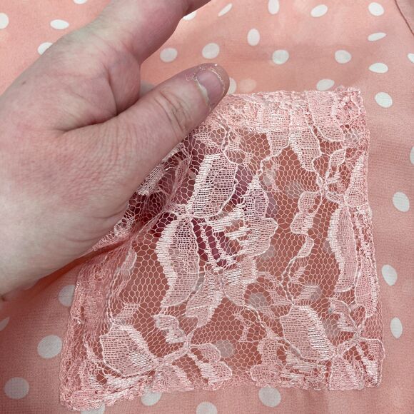Women's Pink Sheer Polka Dot Button Up Blouse Lace Pockets Mock Collar Coquette - Picture 3 of 12